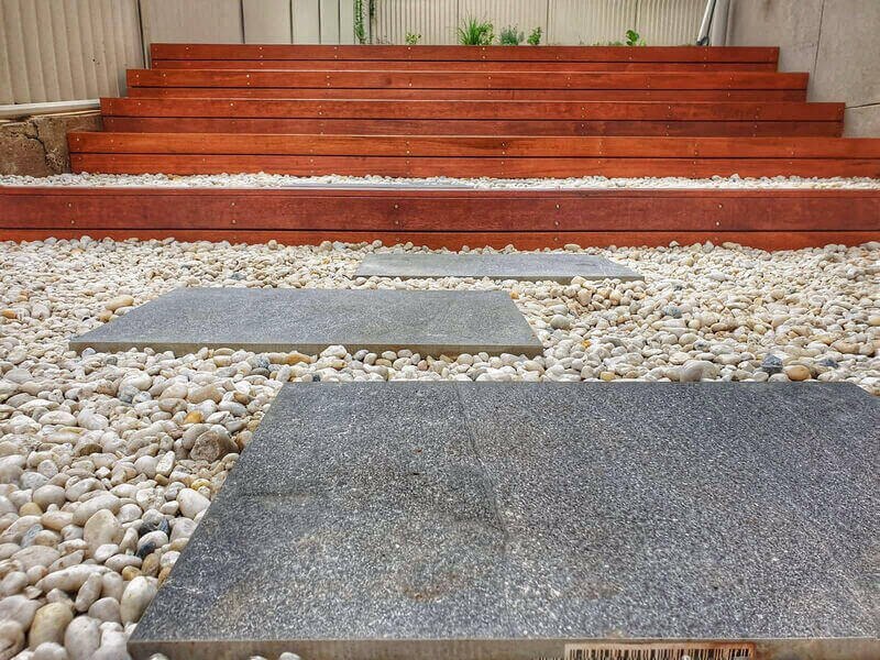 Timber garden steps with stone ground cover